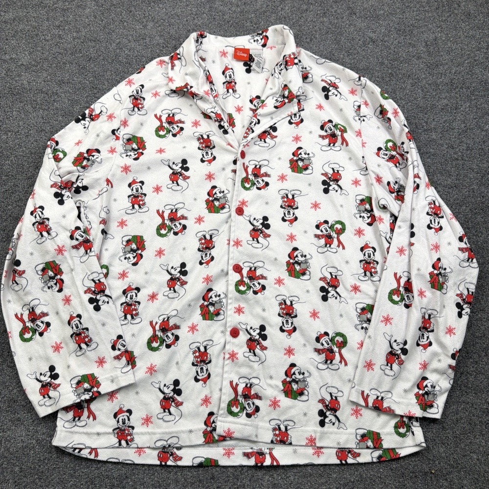 Mens Large Pajama Top Button Front jams Santa Mickey Mouse Christmas‎
